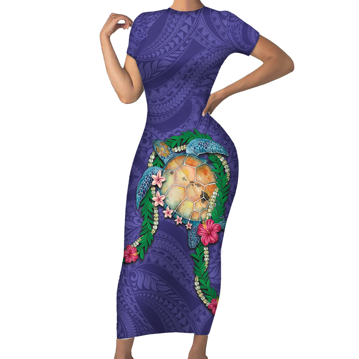 Hawaii Pikake and Maile Lei Family Matching Short Sleeve Bodycon Dress and Hawaiian Shirt Honu Polynesian Pattern Purple Color