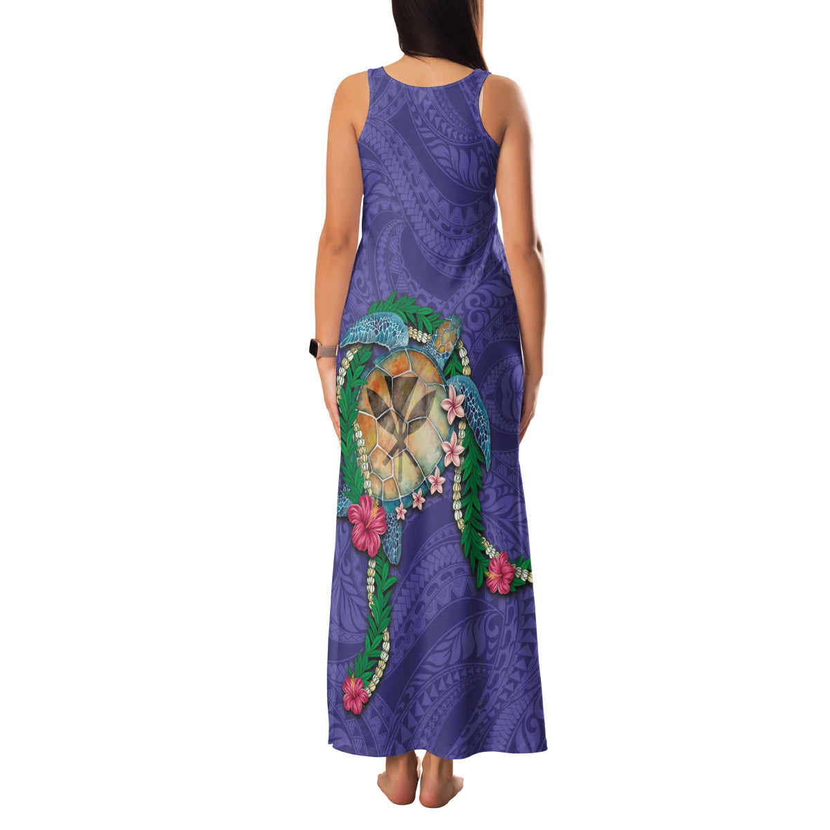 Hawaii Pikake and Maile Lei Family Matching Tank Maxi Dress and Hawaiian Shirt Honu Polynesian Pattern Purple Color