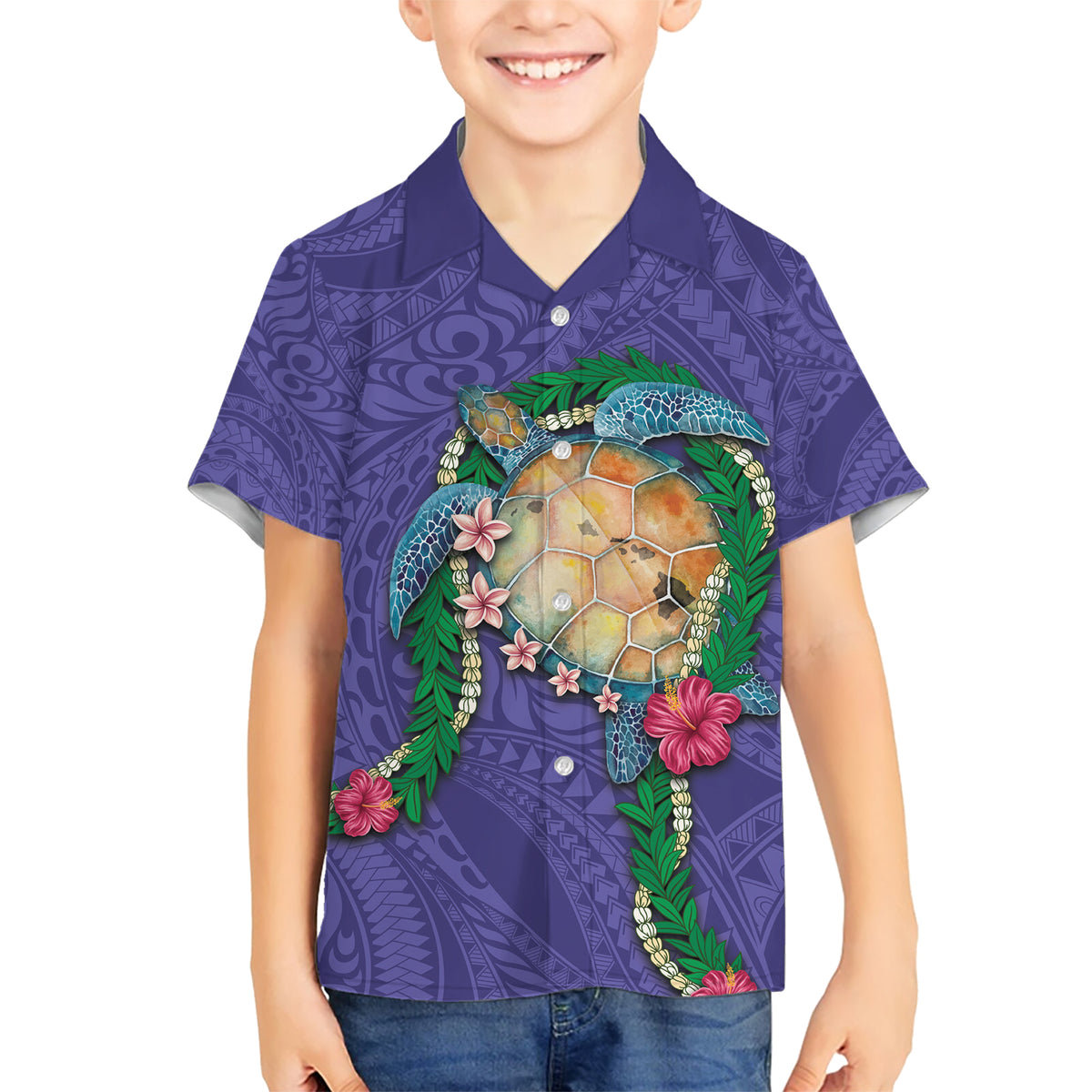 Hawaii Pikake and Maile Lei Kid Hawaiian Shirt Honu Polynesian Pattern Purple Color LT03 Kid Purple - Polynesian Pride