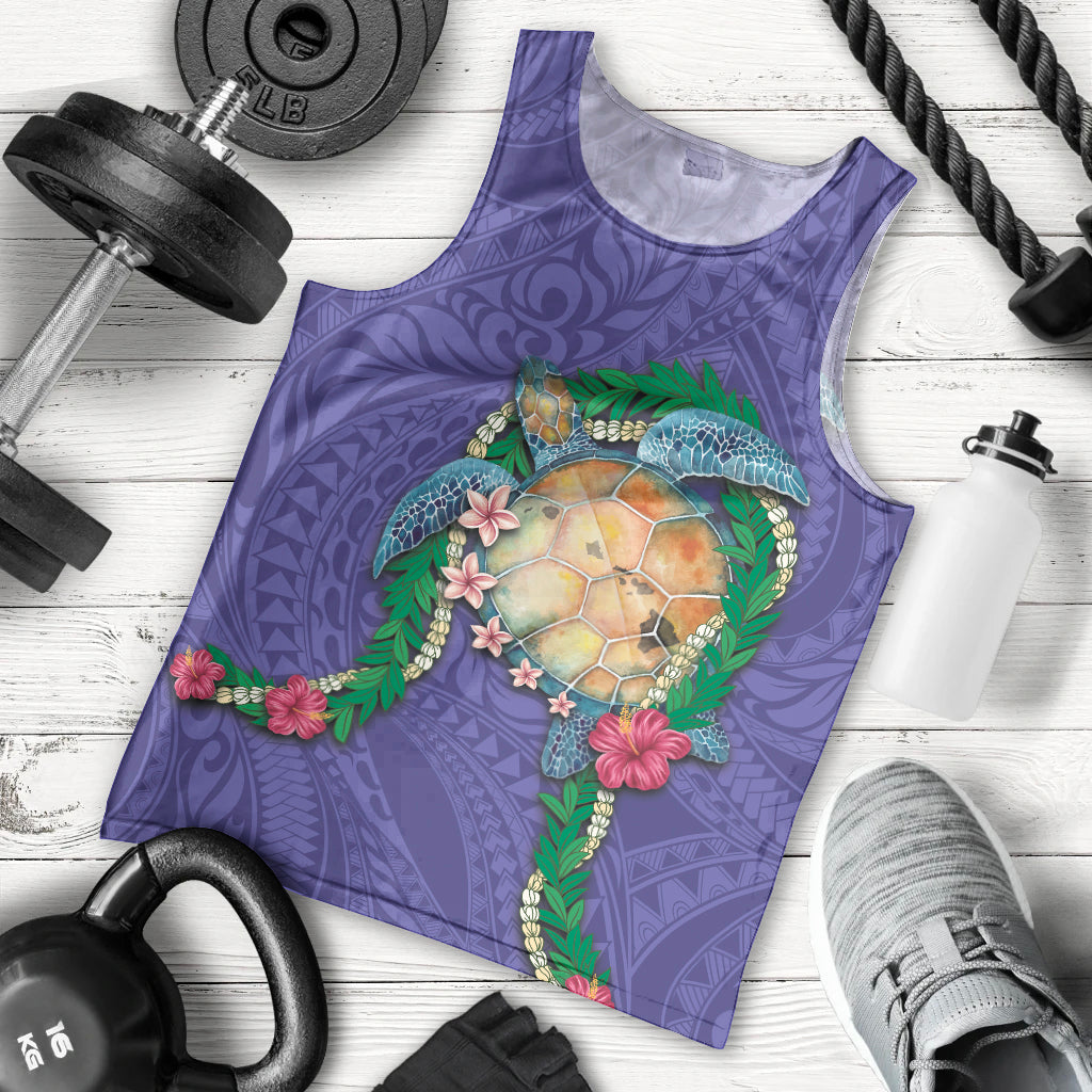 Hawaii Pikake and Maile Lei Men Tank Top Honu Polynesian Pattern Purple Color