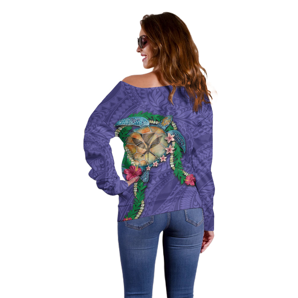 Hawaii Pikake and Maile Lei Off Shoulder Sweater Honu Polynesian Pattern Purple Color
