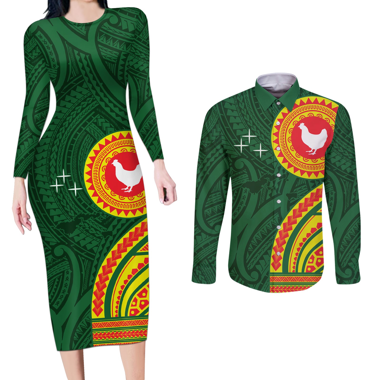 Manu'a Cession Day Couples Matching Long Sleeve Bodycon Dress and Long Sleeve Button Shirt Polynesian Pattern
