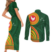 Manu'a Cession Day Couples Matching Short Sleeve Bodycon Dress and Long Sleeve Button Shirt Polynesian Pattern