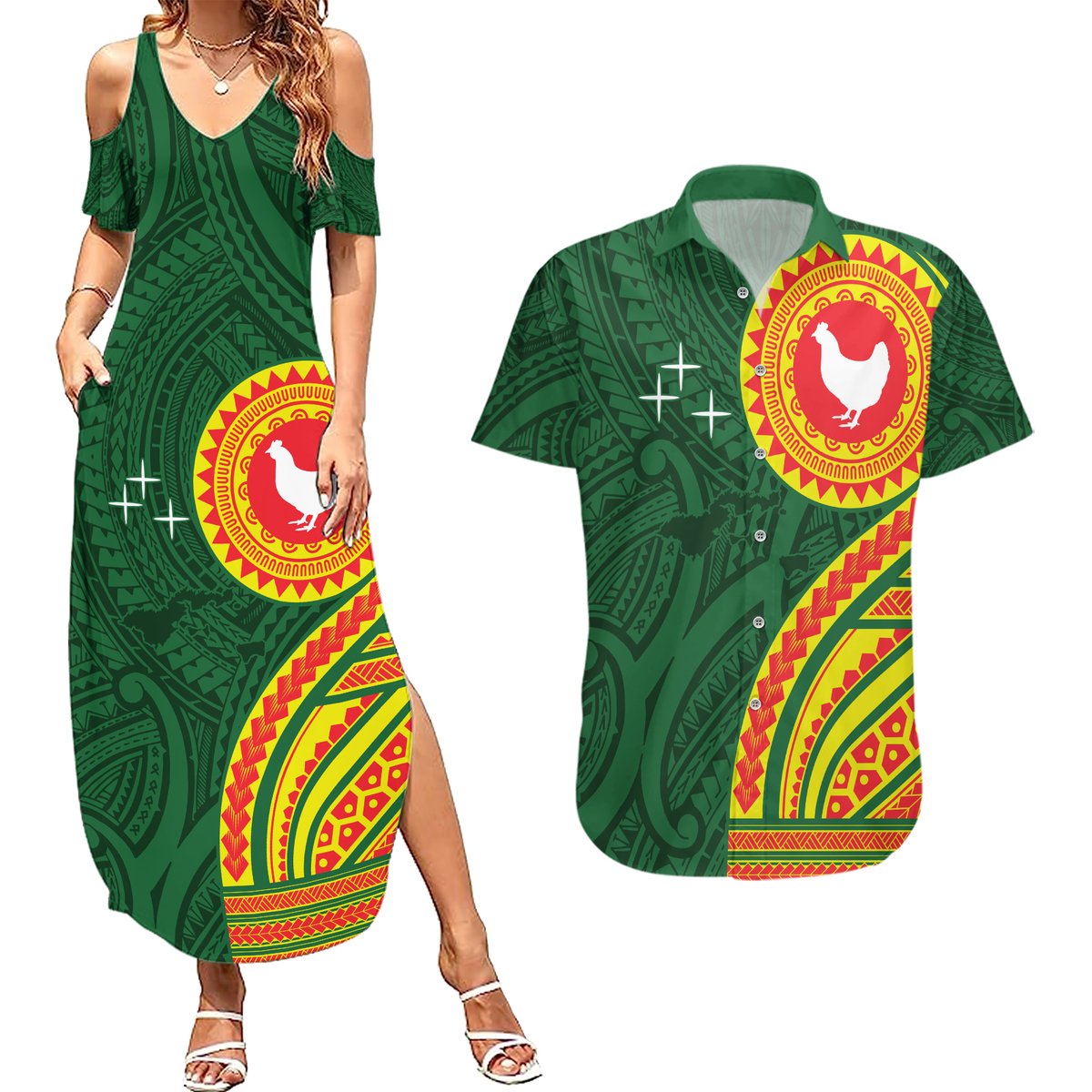 Manu'a Cession Day Couples Matching Summer Maxi Dress and Hawaiian Shirt Polynesian Pattern