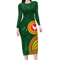 Manu'a Cession Day Family Matching Long Sleeve Bodycon Dress and Hawaiian Shirt Polynesian Pattern LT03 Mom's Dress Green - Polynesian Pride