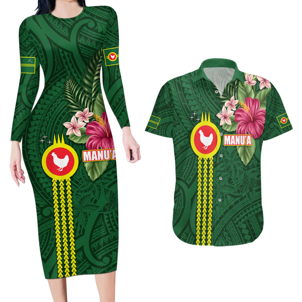 Manu'a Cession Day 120th Anniversary Couples Matching Long Sleeve Bodycon Dress and Hawaiian Shirt Polynesian Pattern and Hibiscus Flower LT03 Green - Polynesian Pride