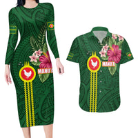 Manu'a Cession Day 120th Anniversary Couples Matching Long Sleeve Bodycon Dress and Hawaiian Shirt Polynesian Pattern and Hibiscus Flower LT03 Green - Polynesian Pride