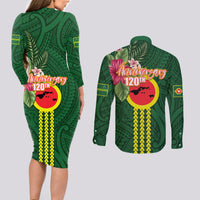 Manu'a Cession Day 120th Anniversary Couples Matching Long Sleeve Bodycon Dress and Long Sleeve Button Shirt Polynesian Pattern and Hibiscus Flower LT03 - Polynesian Pride