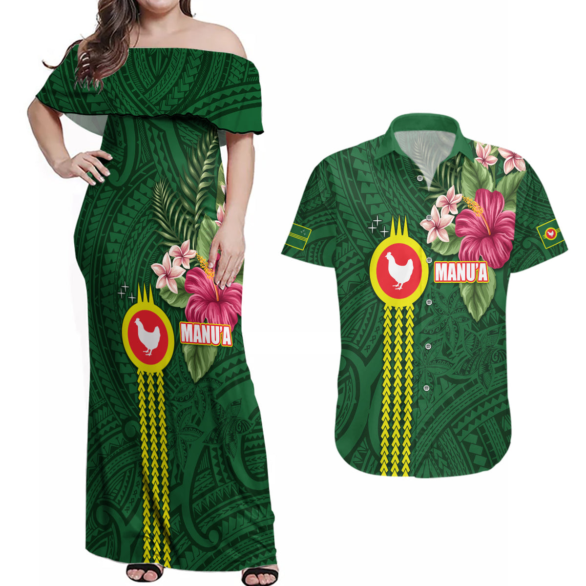 Manu'a Cession Day 120th Anniversary Couples Matching Off Shoulder Maxi Dress and Hawaiian Shirt Polynesian Pattern and Hibiscus Flower LT03 Green - Polynesian Pride