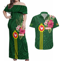 Manu'a Cession Day 120th Anniversary Couples Matching Off Shoulder Maxi Dress and Hawaiian Shirt Polynesian Pattern and Hibiscus Flower LT03 Green - Polynesian Pride
