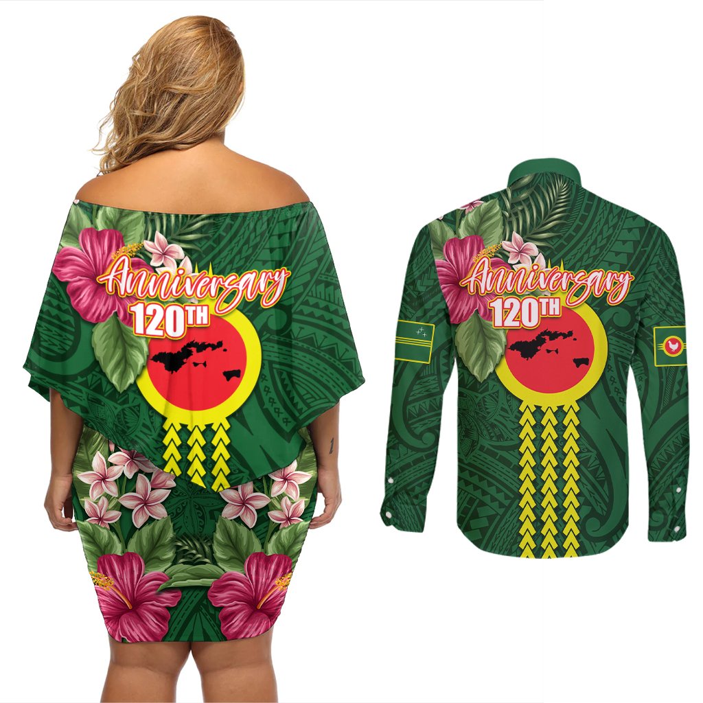 Manu'a Cession Day 120th Anniversary Couples Matching Off Shoulder Short Dress and Long Sleeve Button Shirt Polynesian Pattern and Hibiscus Flower