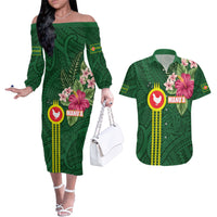 Manu'a Cession Day 120th Anniversary Couples Matching Off The Shoulder Long Sleeve Dress and Hawaiian Shirt Polynesian Pattern and Hibiscus Flower LT03 Green - Polynesian Pride