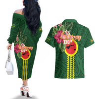 Manu'a Cession Day 120th Anniversary Couples Matching Off The Shoulder Long Sleeve Dress and Hawaiian Shirt Polynesian Pattern and Hibiscus Flower LT03 - Polynesian Pride