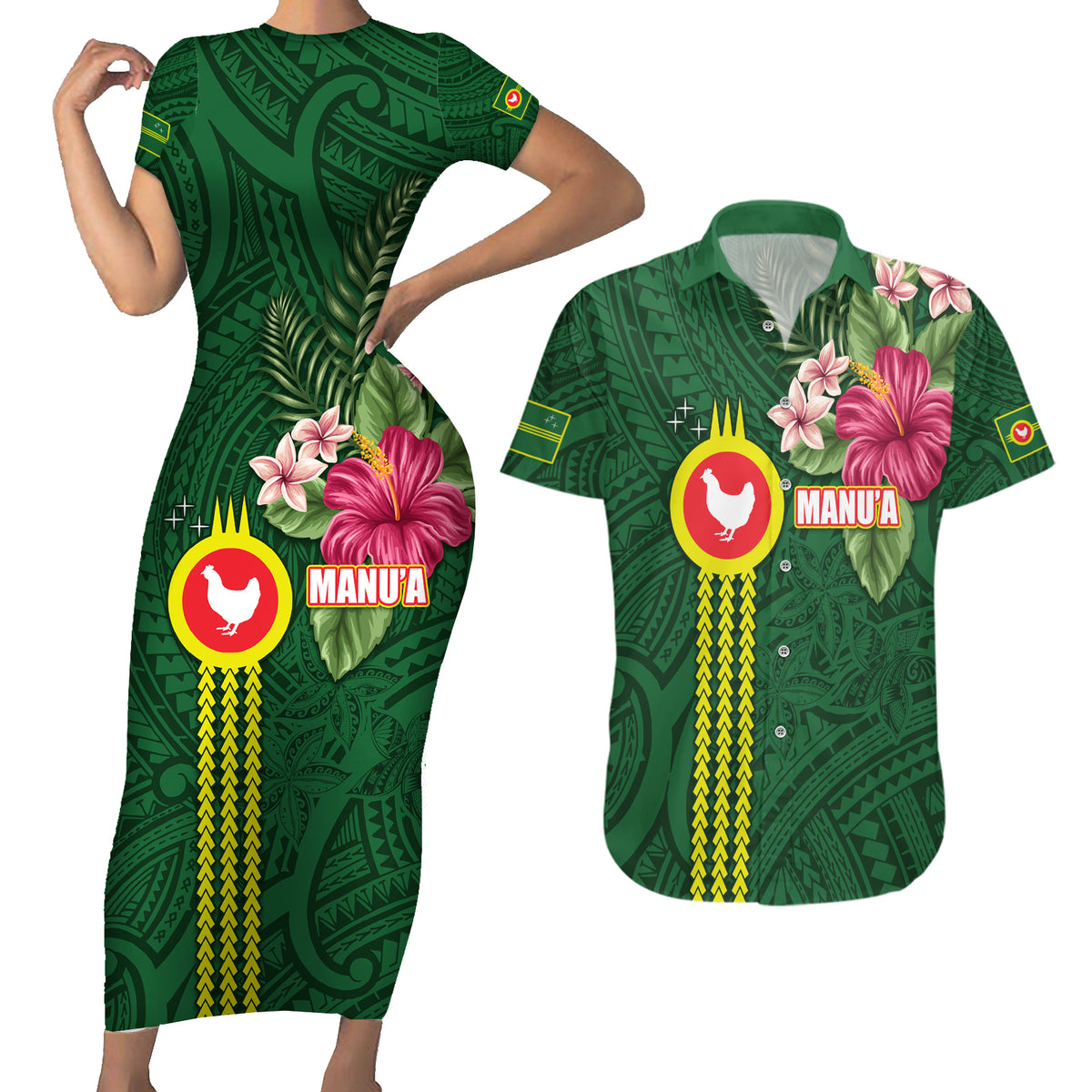 Manu'a Cession Day 120th Anniversary Couples Matching Short Sleeve Bodycon Dress and Hawaiian Shirt Polynesian Pattern and Hibiscus Flower LT03 Green - Polynesian Pride