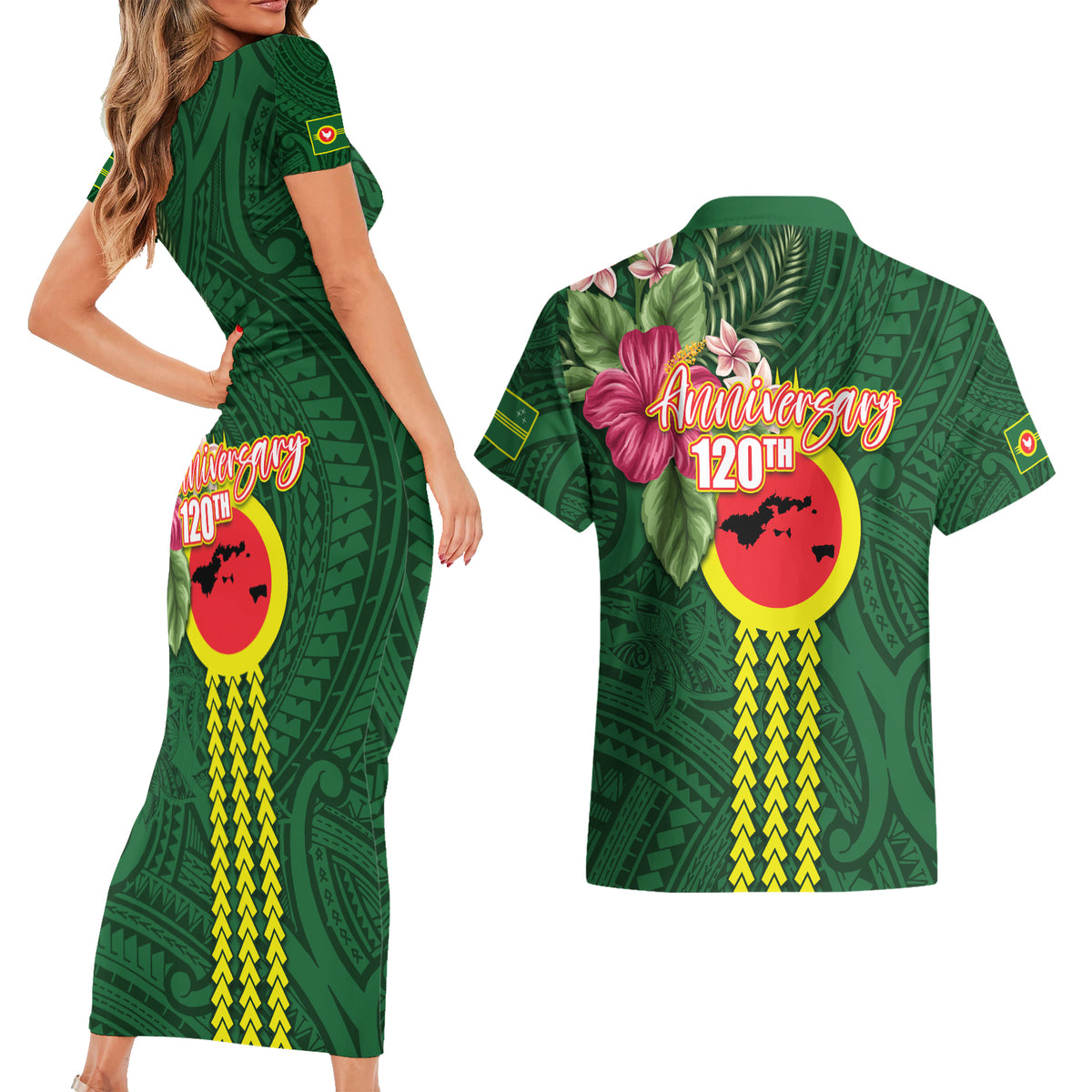 Manu'a Cession Day 120th Anniversary Couples Matching Short Sleeve Bodycon Dress and Hawaiian Shirt Polynesian Pattern and Hibiscus Flower LT03 - Polynesian Pride