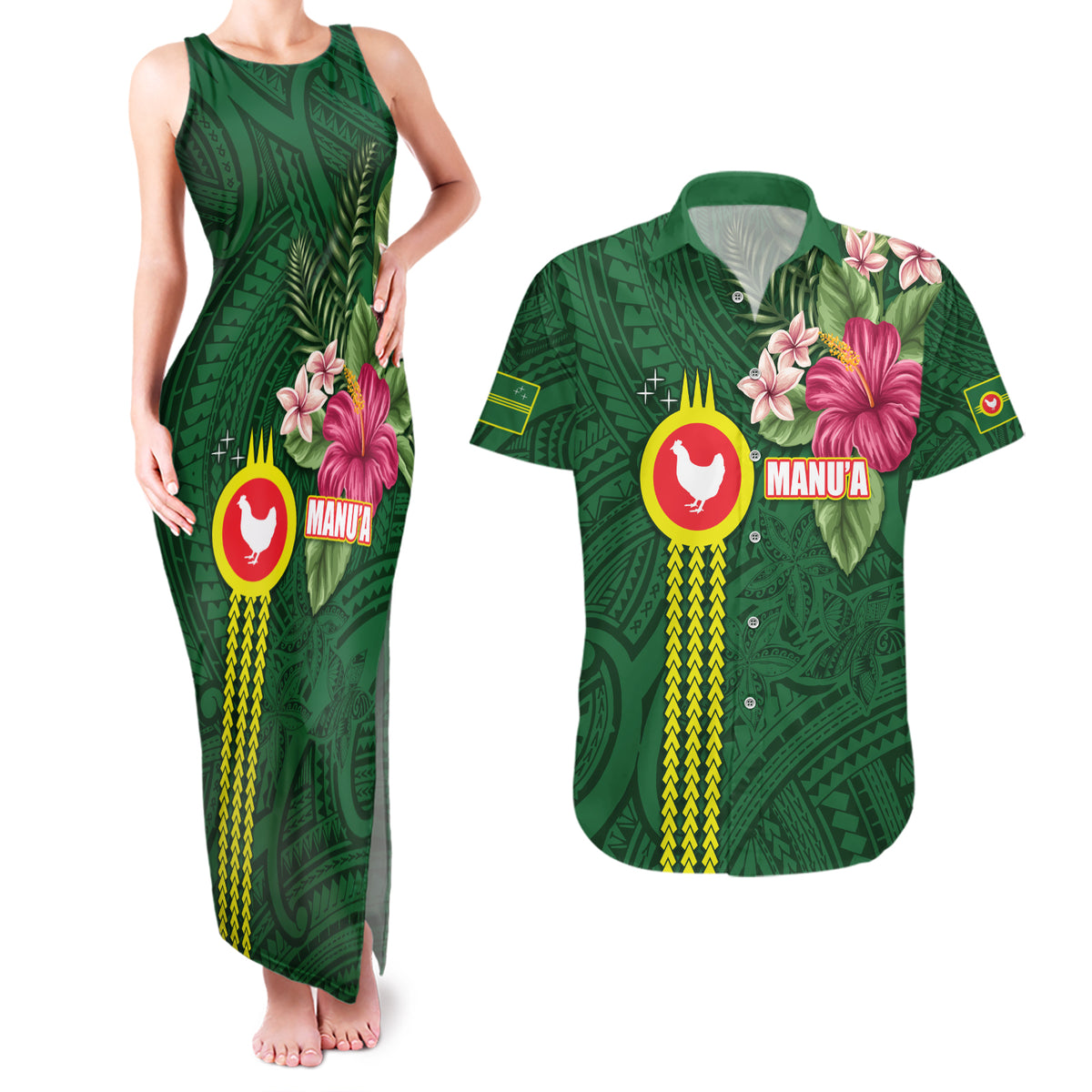 Manu'a Cession Day 120th Anniversary Couples Matching Tank Maxi Dress and Hawaiian Shirt Polynesian Pattern and Hibiscus Flower LT03 Green - Polynesian Pride