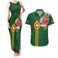 Manu'a Cession Day 120th Anniversary Couples Matching Tank Maxi Dress and Hawaiian Shirt Polynesian Pattern and Hibiscus Flower LT03 Green - Polynesian Pride