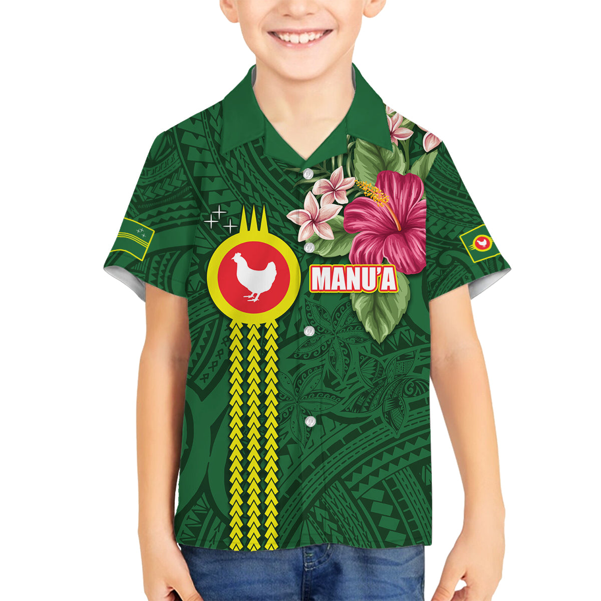 Manu'a Cession Day 120th Anniversary Family Matching Long Sleeve Bodycon Dress and Hawaiian Shirt Polynesian Pattern and Hibiscus Flower LT03 Son's Shirt Green - Polynesian Pride
