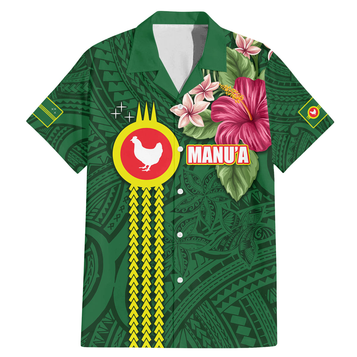 Manu'a Cession Day 120th Anniversary Family Matching Mermaid Dress and Hawaiian Shirt Polynesian Pattern and Hibiscus Flower LT03 Dad's Shirt - Short Sleeve Green - Polynesian Pride