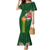 Manu'a Cession Day 120th Anniversary Family Matching Mermaid Dress and Hawaiian Shirt Polynesian Pattern and Hibiscus Flower LT03 Mom's Dress Green - Polynesian Pride