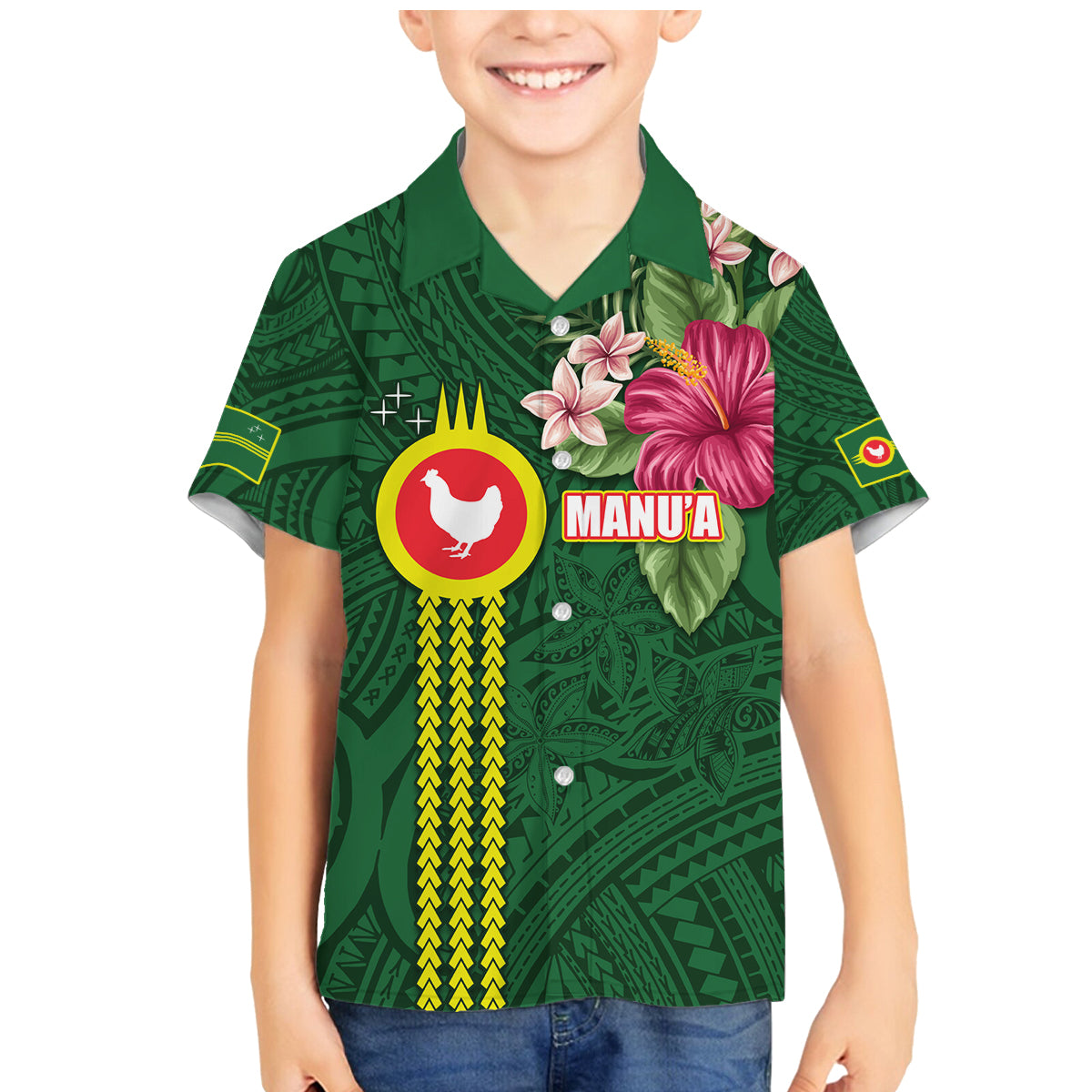Manu'a Cession Day 120th Anniversary Family Matching Mermaid Dress and Hawaiian Shirt Polynesian Pattern and Hibiscus Flower LT03 Son's Shirt Green - Polynesian Pride