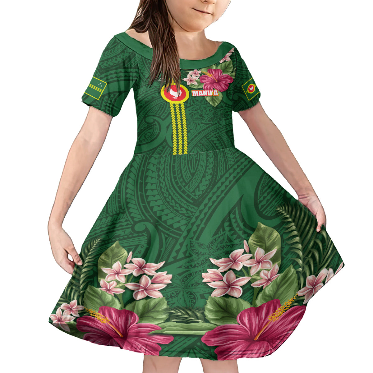 Manu'a Cession Day 120th Anniversary Family Matching Off The Shoulder Long Sleeve Dress and Hawaiian Shirt Polynesian Pattern and Hibiscus Flower LT03 Daughter's Dress Green - Polynesian Pride