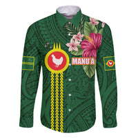 Manu'a Cession Day 120th Anniversary Family Matching Off The Shoulder Long Sleeve Dress and Hawaiian Shirt Polynesian Pattern and Hibiscus Flower LT03 Dad's Shirt - Long Sleeve Green - Polynesian Pride