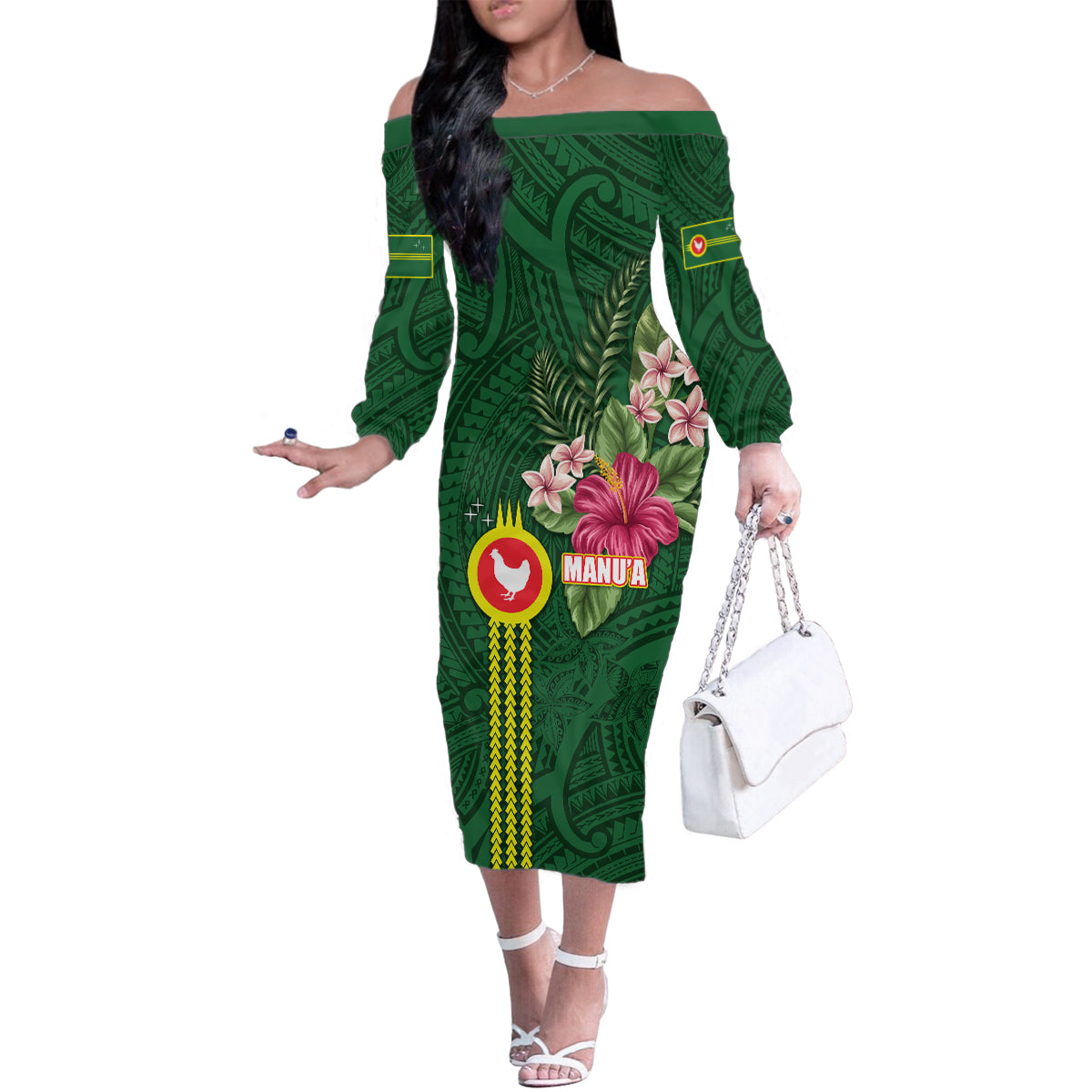 Manu'a Cession Day 120th Anniversary Family Matching Off The Shoulder Long Sleeve Dress and Hawaiian Shirt Polynesian Pattern and Hibiscus Flower LT03 Mom's Dress Green - Polynesian Pride