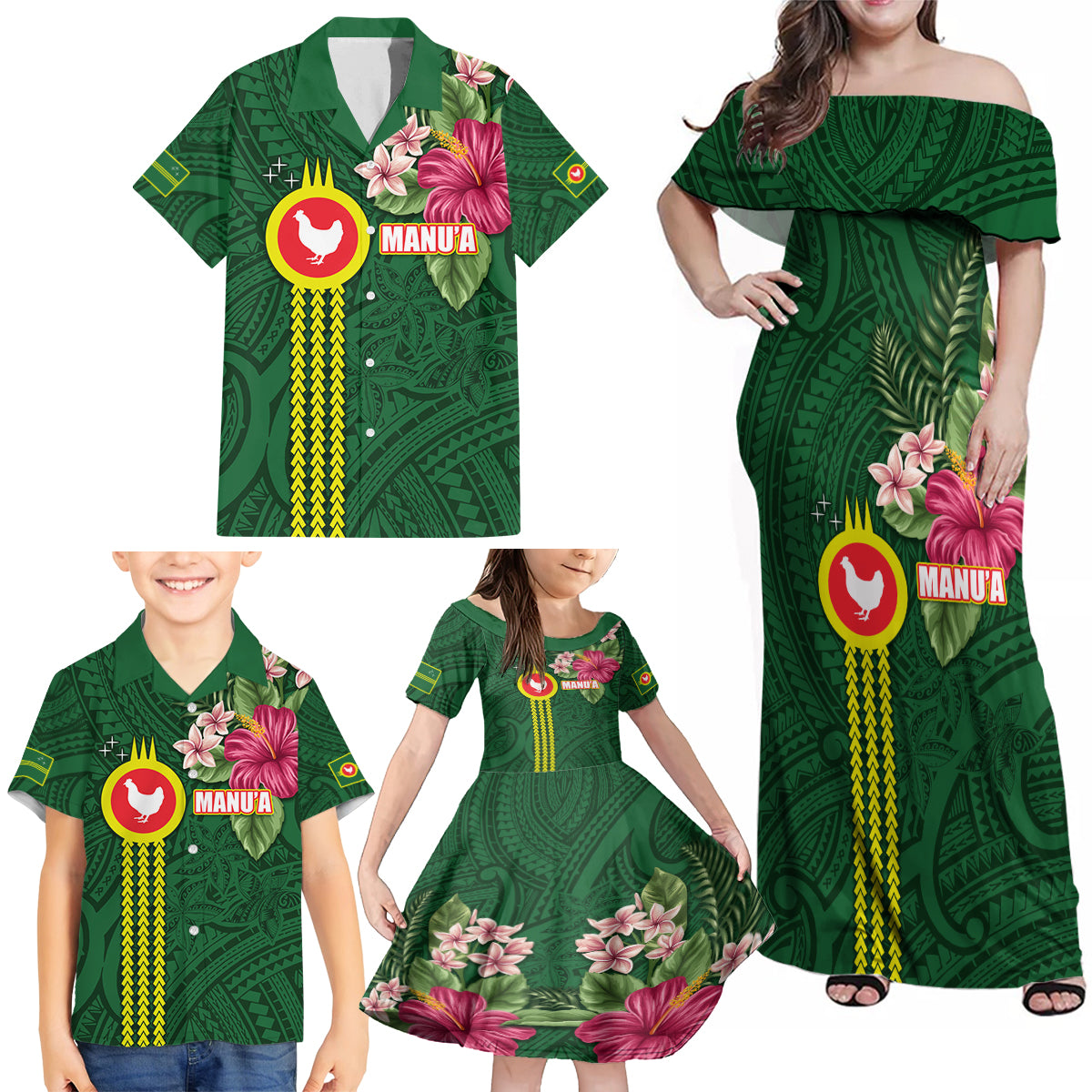Manu'a Cession Day 120th Anniversary Family Matching Off Shoulder Maxi Dress and Hawaiian Shirt Polynesian Pattern and Hibiscus Flower LT03 - Polynesian Pride