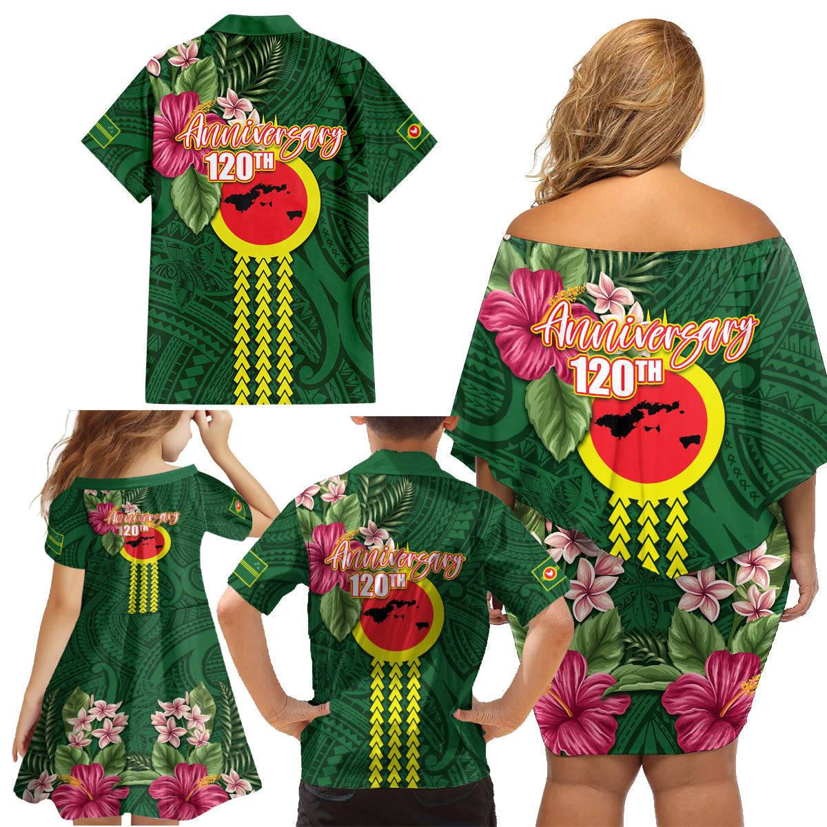 Manu'a Cession Day 120th Anniversary Family Matching Off Shoulder Short Dress and Hawaiian Shirt Polynesian Pattern and Hibiscus Flower LT03 - Polynesian Pride