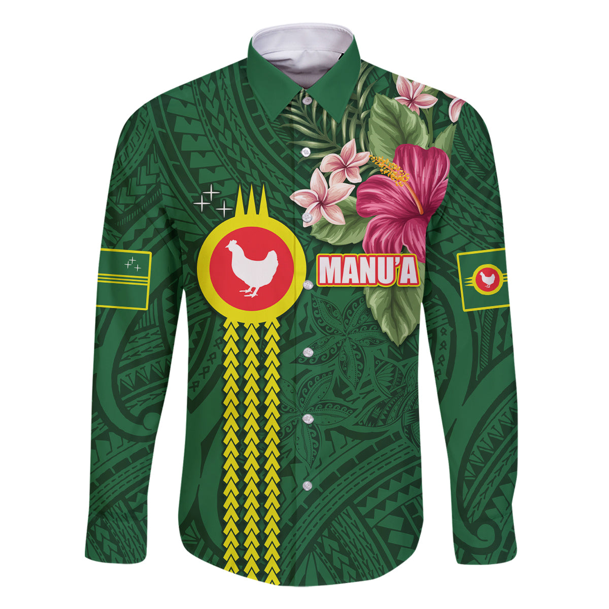 Manu'a Cession Day 120th Anniversary Family Matching Off Shoulder Short Dress and Hawaiian Shirt Polynesian Pattern and Hibiscus Flower LT03 Dad's Shirt - Long Sleeve Green - Polynesian Pride
