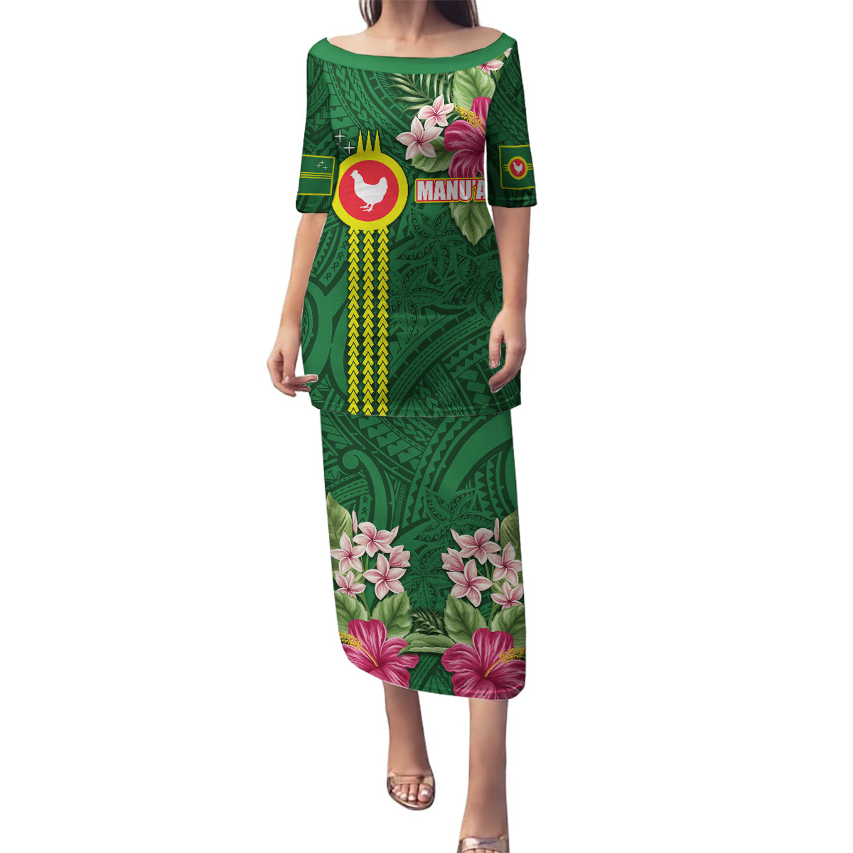 Manu'a Cession Day 120th Anniversary Family Matching Puletasi and Hawaiian Shirt Polynesian Pattern and Hibiscus Flower LT03 Mom's Dress Green - Polynesian Pride