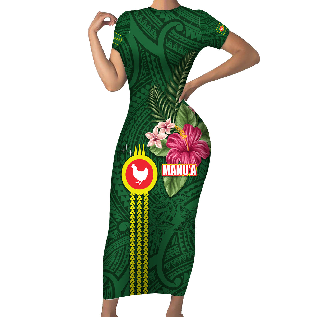 Manu'a Cession Day 120th Anniversary Family Matching Short Sleeve Bodycon Dress and Hawaiian Shirt Polynesian Pattern and Hibiscus Flower LT03 Mom's Dress Green - Polynesian Pride