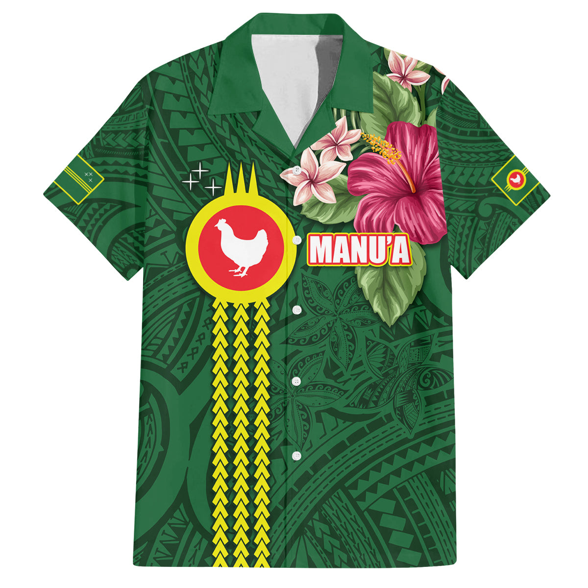 Manu'a Cession Day 120th Anniversary Family Matching Summer Maxi Dress and Hawaiian Shirt Polynesian Pattern and Hibiscus Flower LT03 Dad's Shirt - Short Sleeve Green - Polynesian Pride