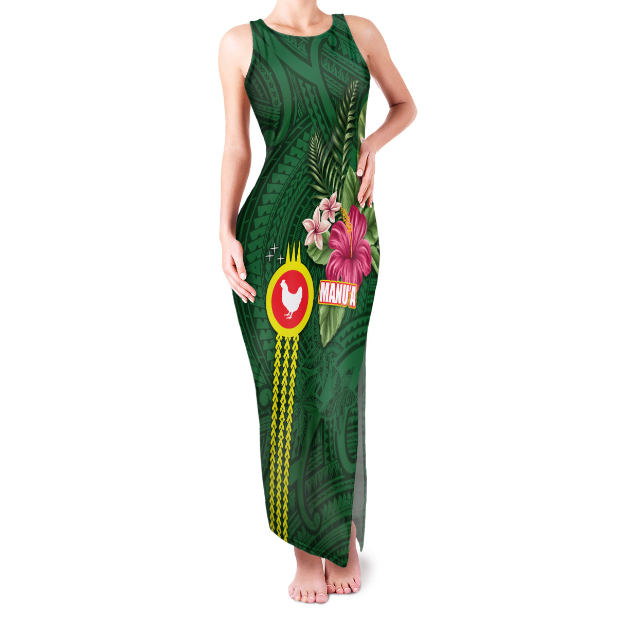 Manu'a Cession Day 120th Anniversary Family Matching Tank Maxi Dress and Hawaiian Shirt Polynesian Pattern and Hibiscus Flower LT03 Mom's Dress Green - Polynesian Pride