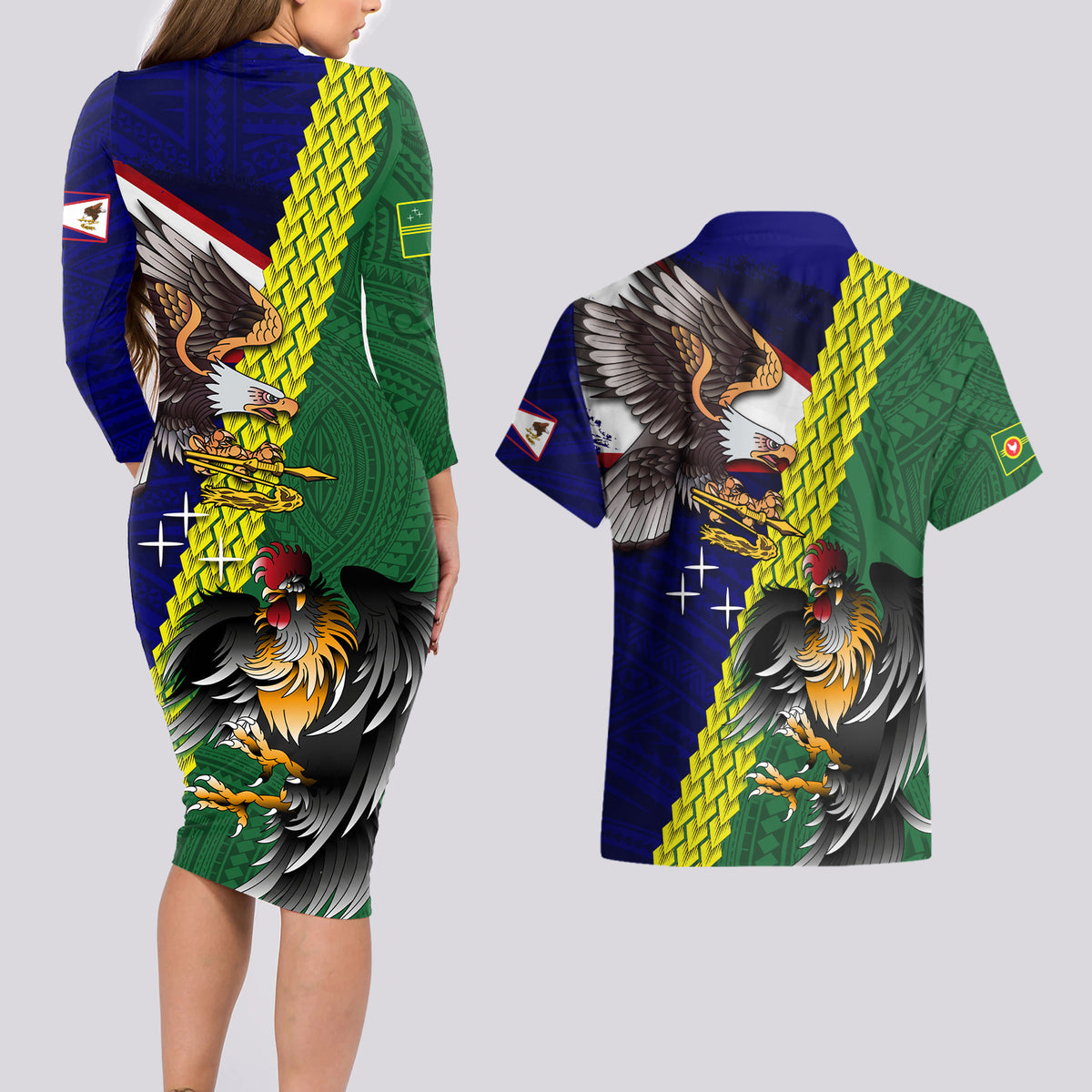 Manu'a Island and American Samoa Couples Matching Long Sleeve Bodycon Dress and Hawaiian Shirt Rooster and Eagle Mascot LT03 - Polynesian Pride