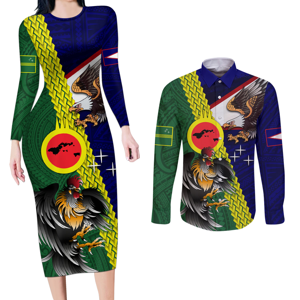 Manu'a Island and American Samoa Couples Matching Long Sleeve Bodycon Dress and Long Sleeve Button Shirt Rooster and Eagle Mascot LT03 Green - Polynesian Pride