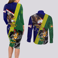 Manu'a Island and American Samoa Couples Matching Long Sleeve Bodycon Dress and Long Sleeve Button Shirt Rooster and Eagle Mascot LT03 - Polynesian Pride