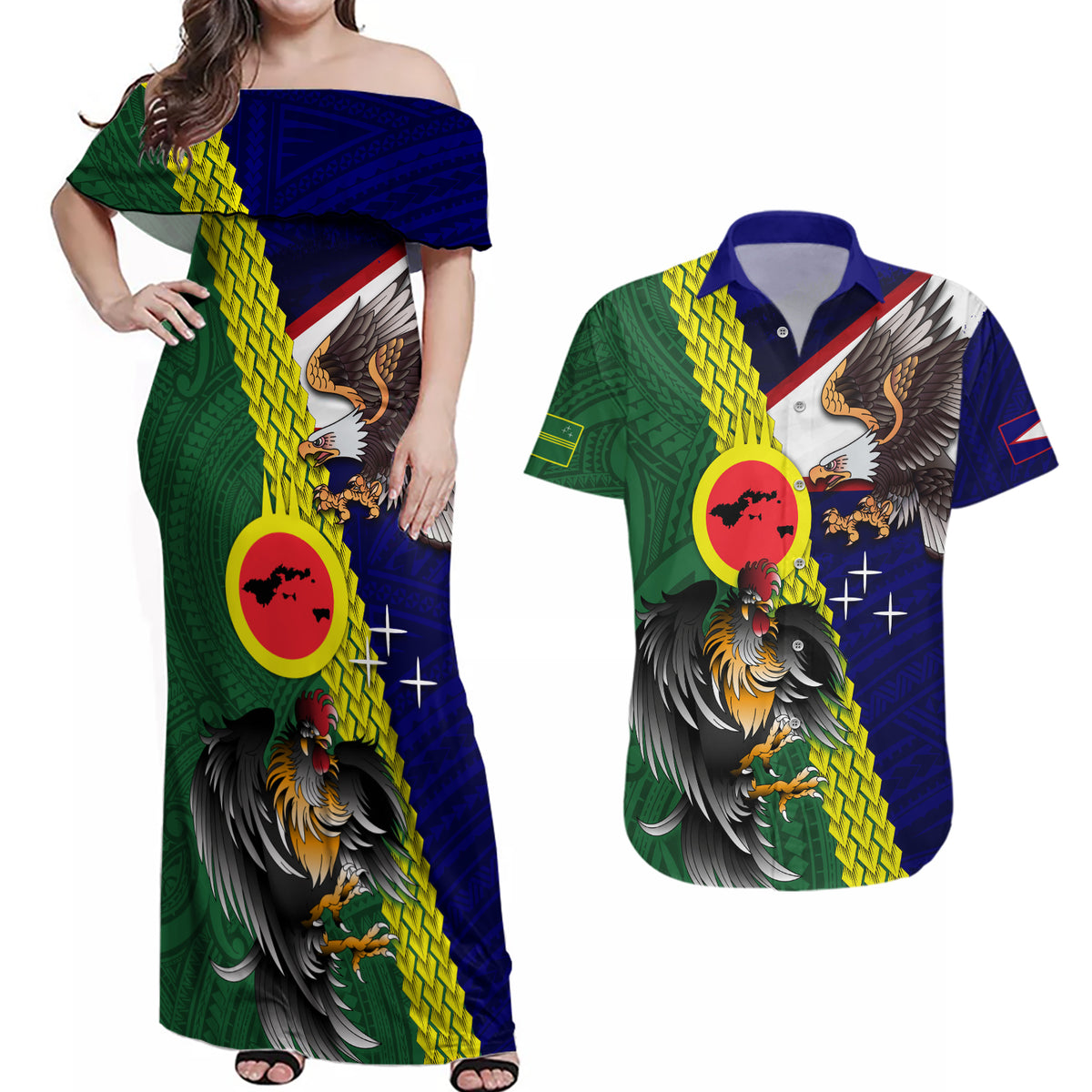 Manu'a Island and American Samoa Couples Matching Off Shoulder Maxi Dress and Hawaiian Shirt Rooster and Eagle Mascot LT03 Green - Polynesian Pride