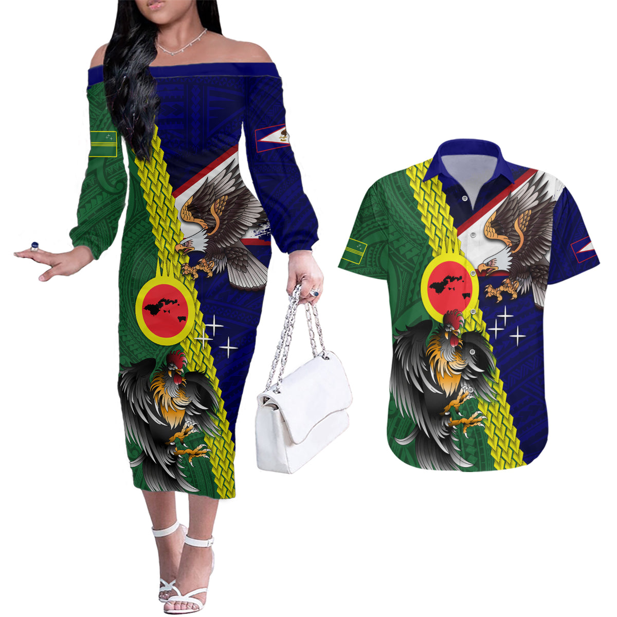 Manu'a Island and American Samoa Couples Matching Off The Shoulder Long Sleeve Dress and Hawaiian Shirt Rooster and Eagle Mascot LT03 Green - Polynesian Pride