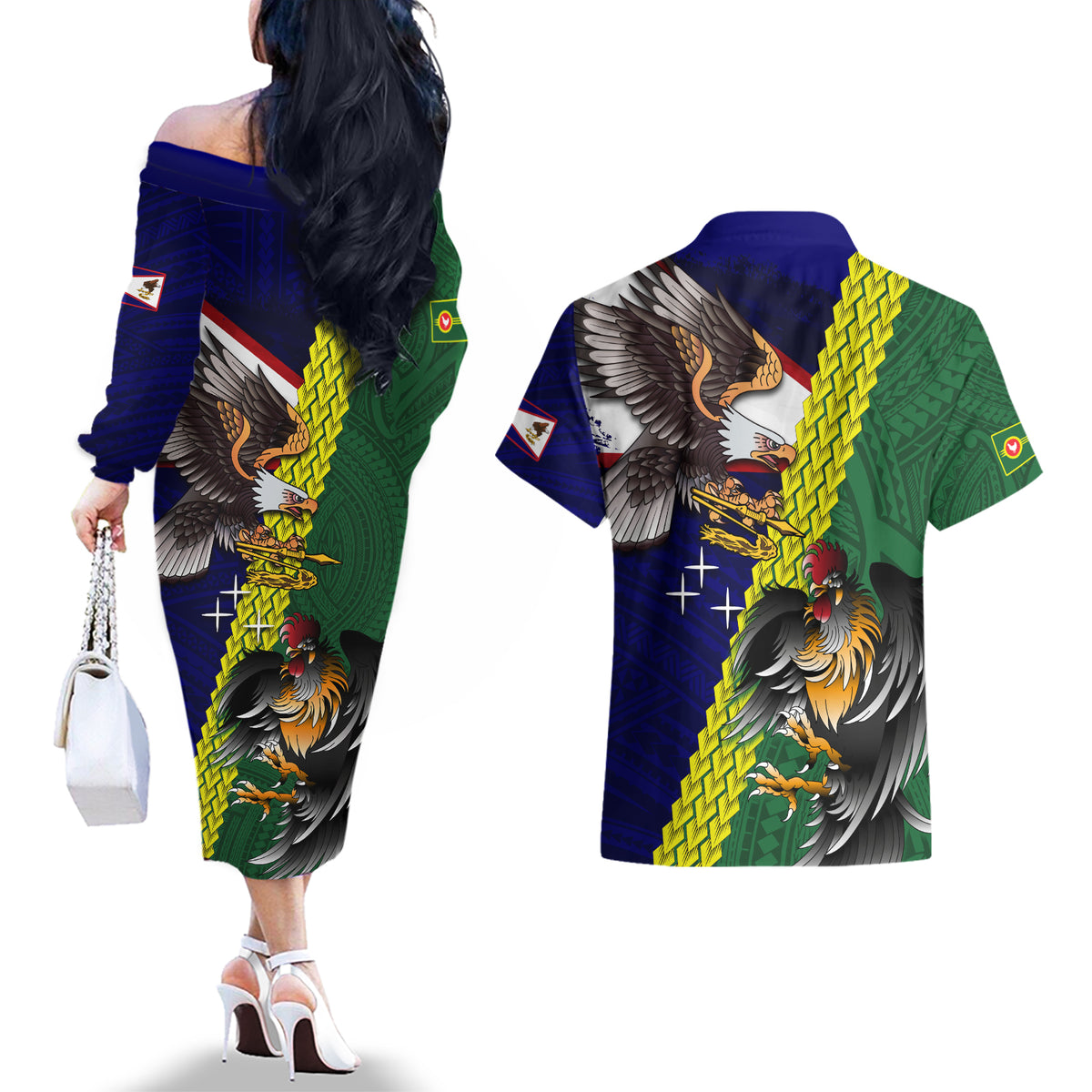 Manu'a Island and American Samoa Couples Matching Off The Shoulder Long Sleeve Dress and Hawaiian Shirt Rooster and Eagle Mascot LT03 - Polynesian Pride