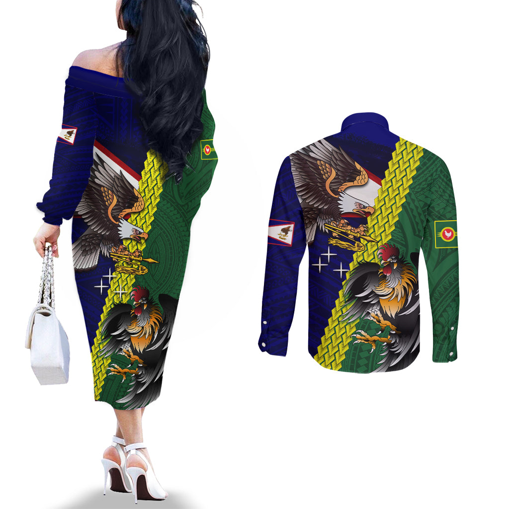 Manu'a Island and American Samoa Couples Matching Off The Shoulder Long Sleeve Dress and Long Sleeve Button Shirt Rooster and Eagle Mascot LT03 - Polynesian Pride