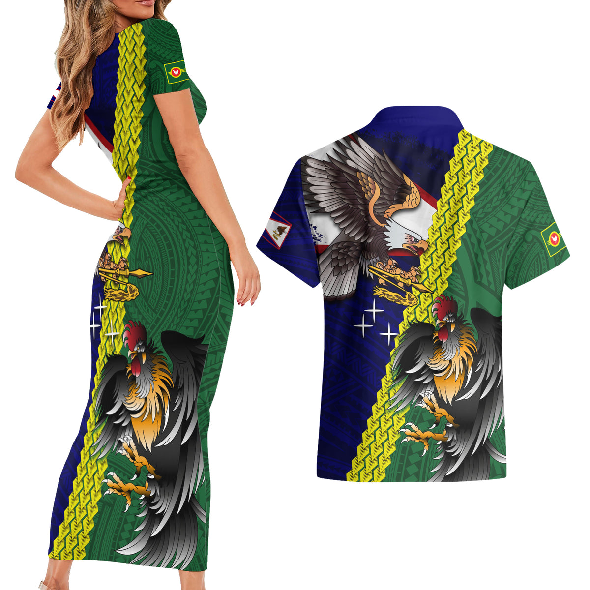 Manu'a Island and American Samoa Couples Matching Short Sleeve Bodycon Dress and Hawaiian Shirt Rooster and Eagle Mascot LT03 - Polynesian Pride