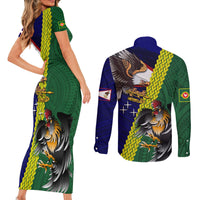 Manu'a Island and American Samoa Couples Matching Short Sleeve Bodycon Dress and Long Sleeve Button Shirt Rooster and Eagle Mascot LT03 - Polynesian Pride