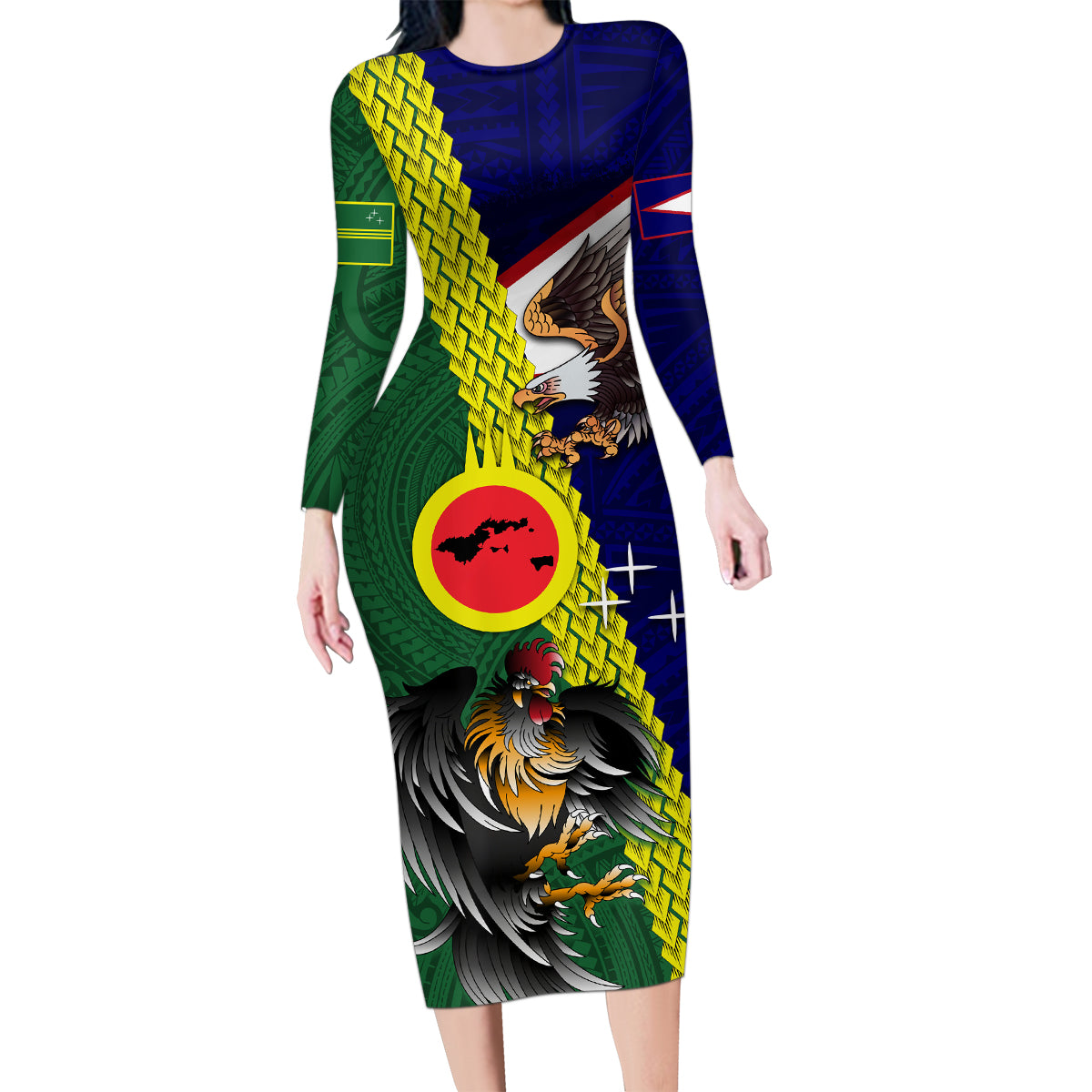 Manu'a Island and American Samoa Family Matching Long Sleeve Bodycon Dress and Hawaiian Shirt Rooster and Eagle Mascot LT03 Mom's Dress Green - Polynesian Pride