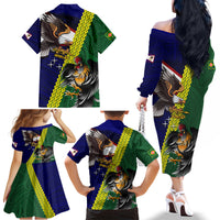 Manu'a Island and American Samoa Family Matching Off The Shoulder Long Sleeve Dress and Hawaiian Shirt Rooster and Eagle Mascot LT03 - Polynesian Pride