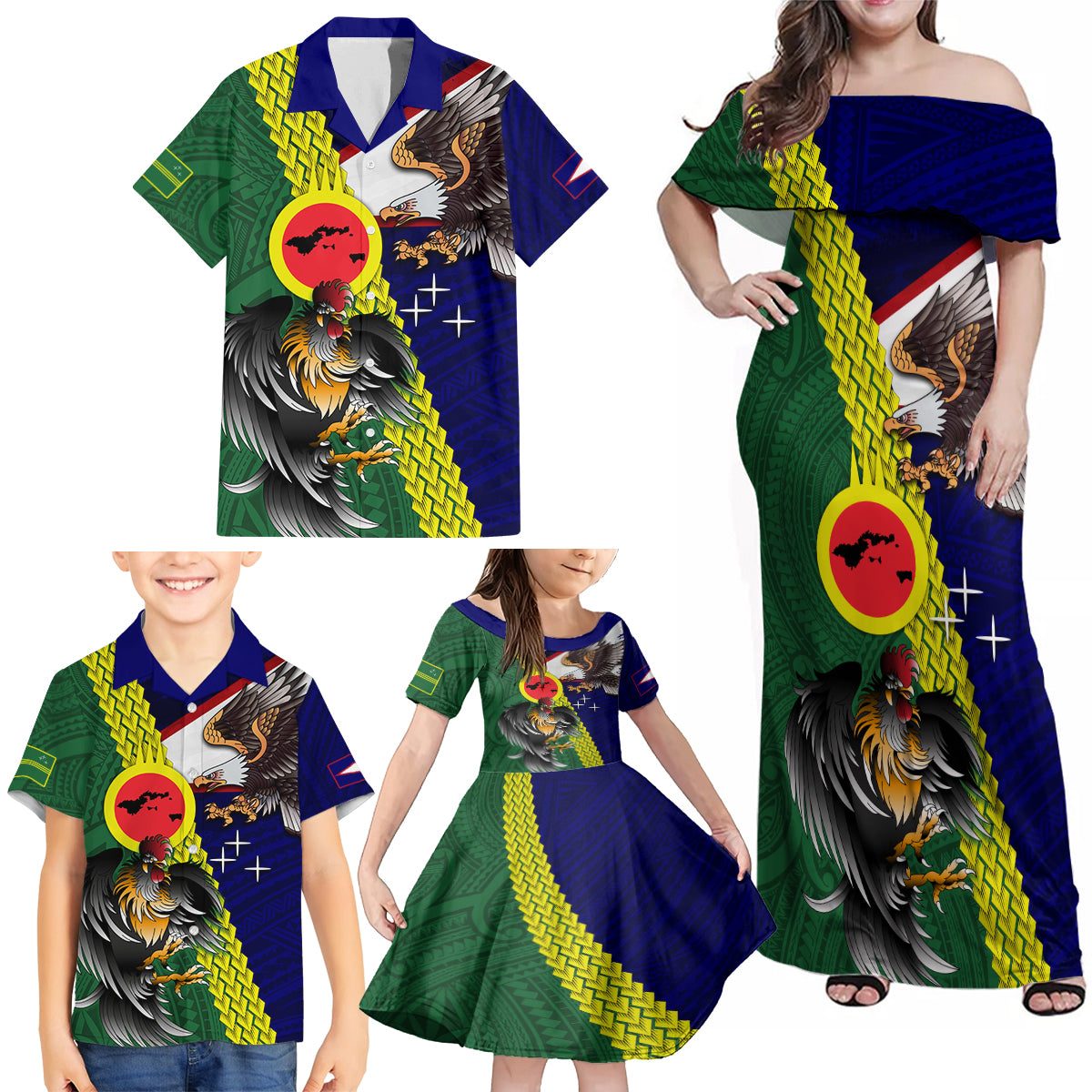 Manu'a Island and American Samoa Family Matching Off Shoulder Maxi Dress and Hawaiian Shirt Rooster and Eagle Mascot LT03 - Polynesian Pride