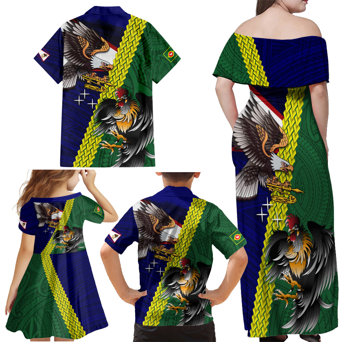 Manu'a Island and American Samoa Family Matching Off Shoulder Maxi Dress and Hawaiian Shirt Rooster and Eagle Mascot LT03 - Polynesian Pride