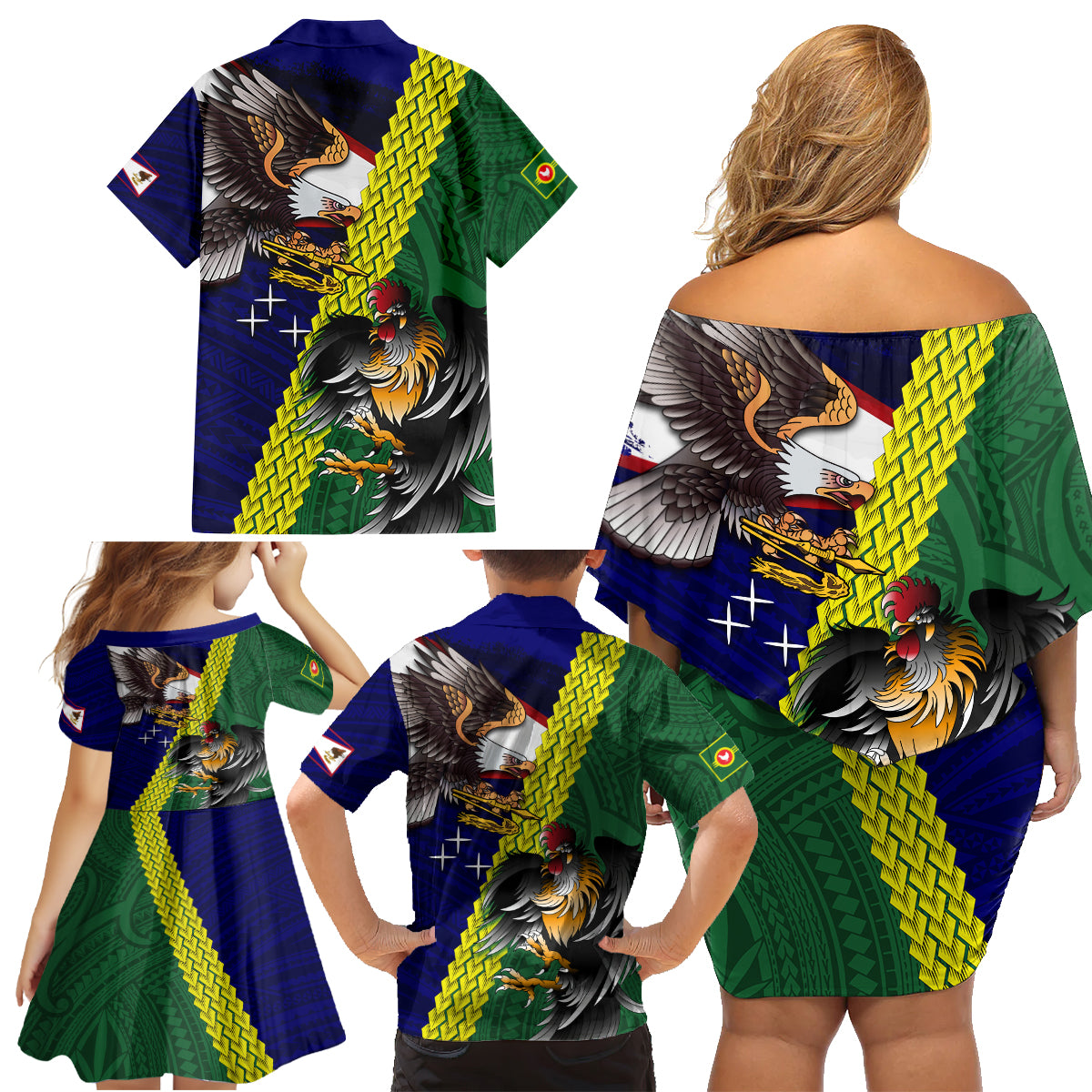 Manu'a Island and American Samoa Family Matching Off Shoulder Short Dress and Hawaiian Shirt Rooster and Eagle Mascot LT03 - Polynesian Pride