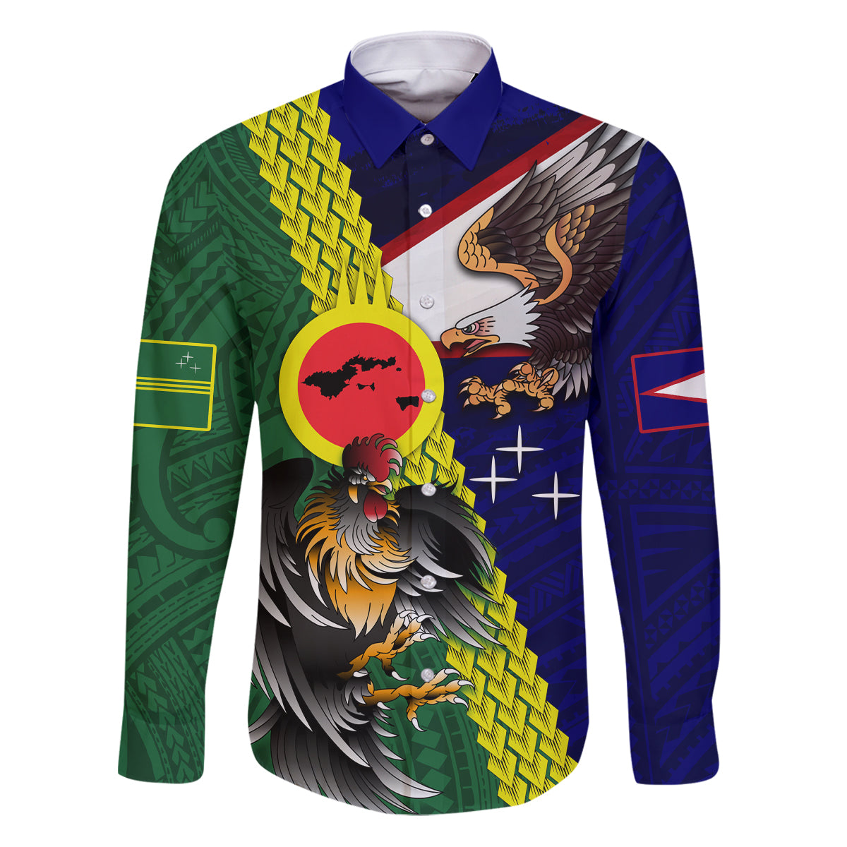 Manu'a Island and American Samoa Family Matching Puletasi and Hawaiian Shirt Rooster and Eagle Mascot LT03 Dad's Shirt - Long Sleeve Green - Polynesian Pride